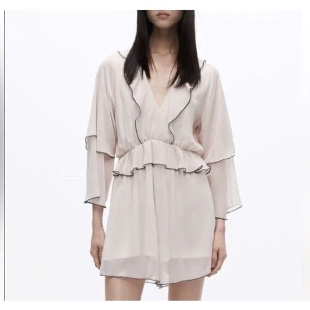 Zara Ruffled Romper V-Neck Shorts Jumpsuit Womens Medium Cream w/Black Trim